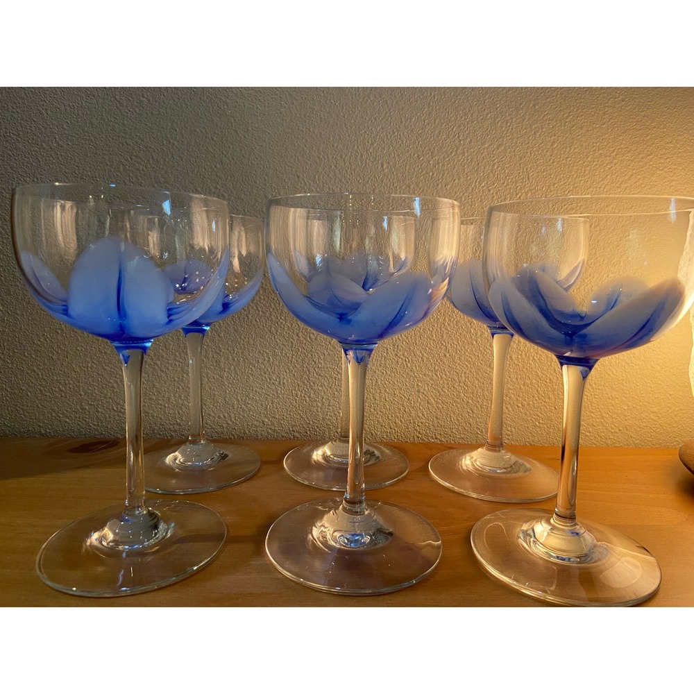 Vintage STEVEN MASLACH Blue Tulip Wine Glasses (6)
